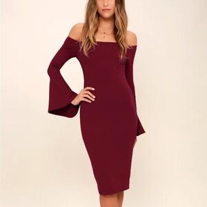Lulu's All She Wants Burgundy Off-Shoulder Long Sleeve Dres